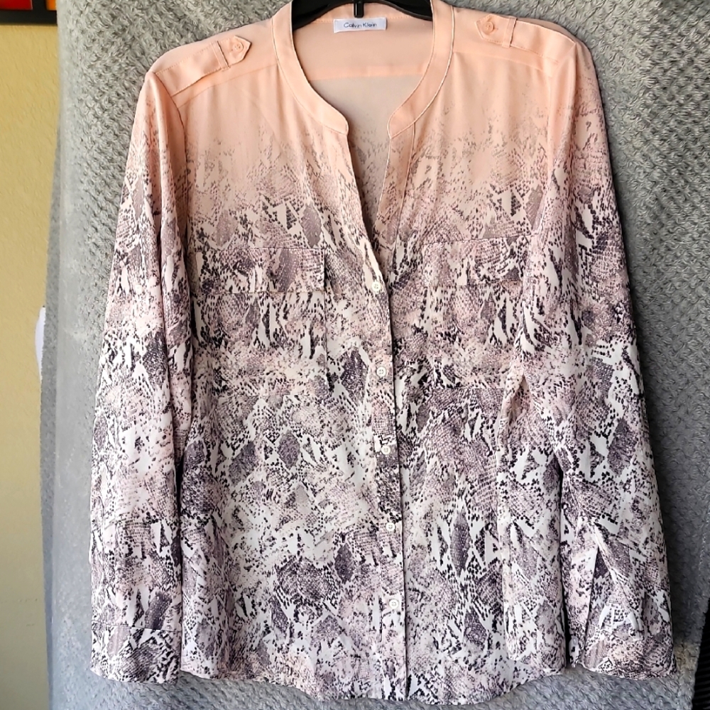 Calvin Klein Pink and Gray Long Sleeve Blouse with Mandarin Collar